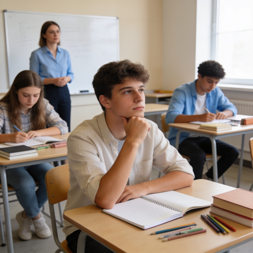 Alumno con altas capacidades reflexionando en clase mientras el resto de estudiantes trabaja.